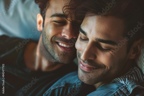AI generated image of a happy beautiful lgbt couple handsome men spending time at home together © Tetiana