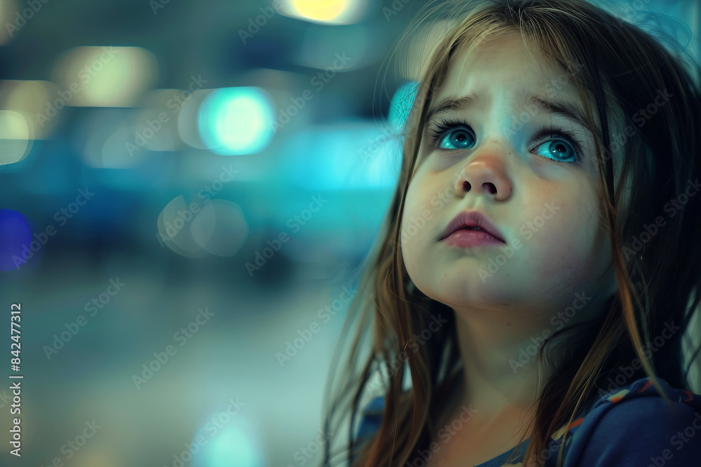 Poor little kid lost in big city forest woods airport street, Generative AI modern technology picture