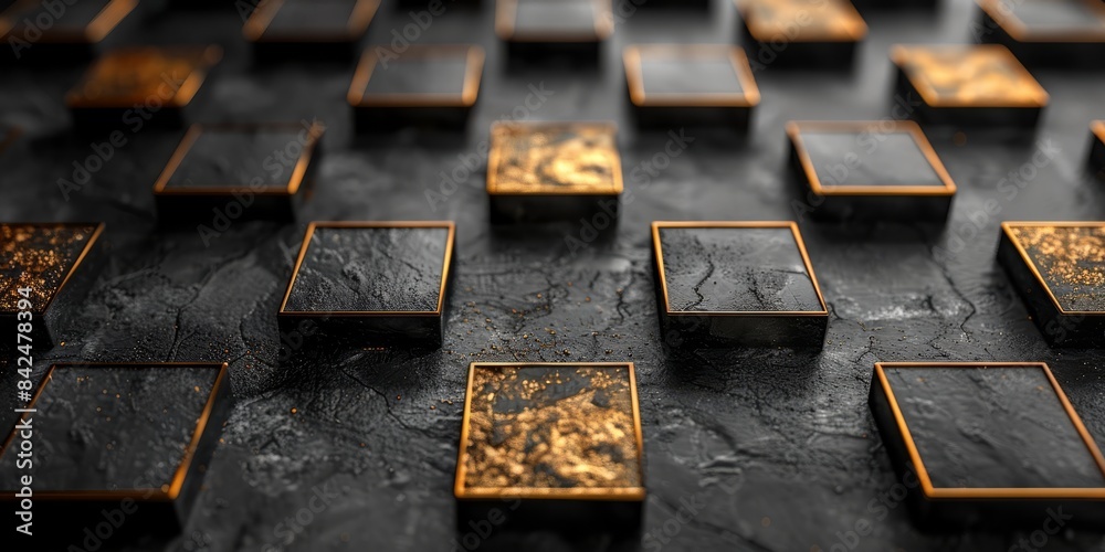 Close-up view of abstract golden and dark textured squares background, a trendy modern visual style. Close-up view of abstract golden and dark textured squares background, a trendy modern visual style.