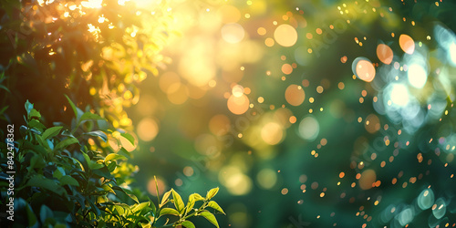 Vibrant green leaves basking in sunlight, creating a serene ambiance in the forest,close-up of a tree branch with green leaves and sunlight filtering through, creating a blurry bokeh effect