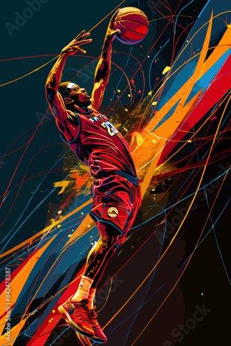 Dynamic illustration of a basketball player performing a slam dunk surrounded by vibrant, energetic artistic strokes emphasizing movement and athleticism