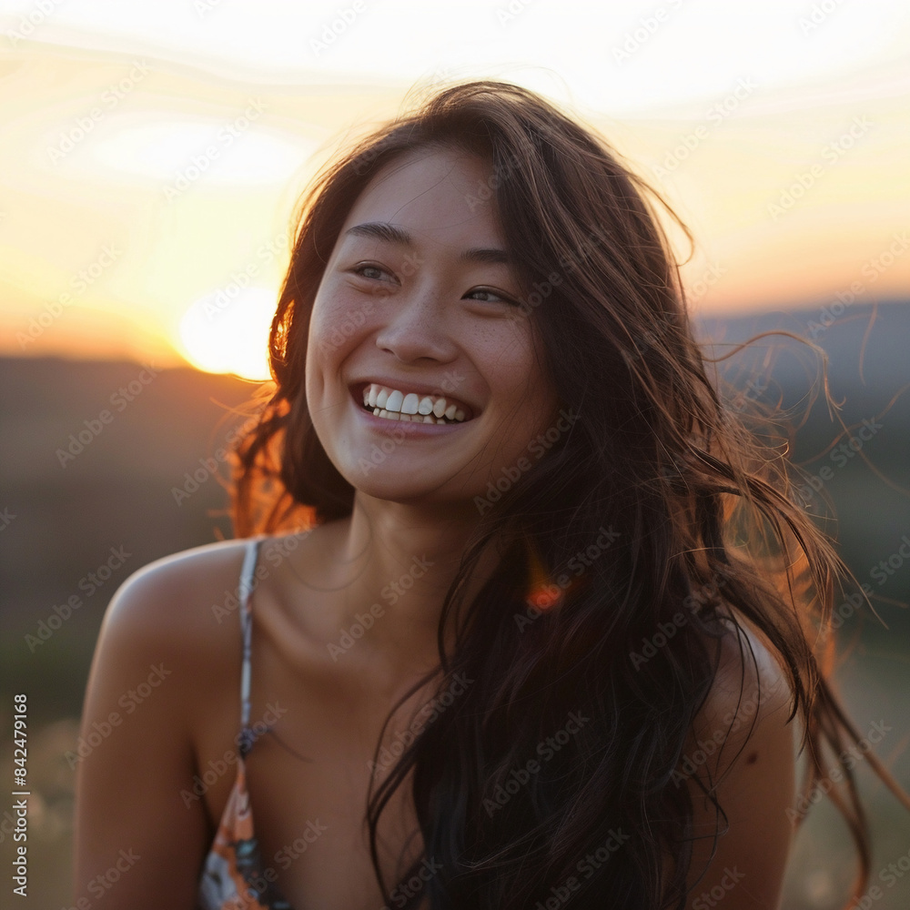 Attractive laughing Asian woman looking away during sunset Attractive laughing Asian woman looking away during sunset