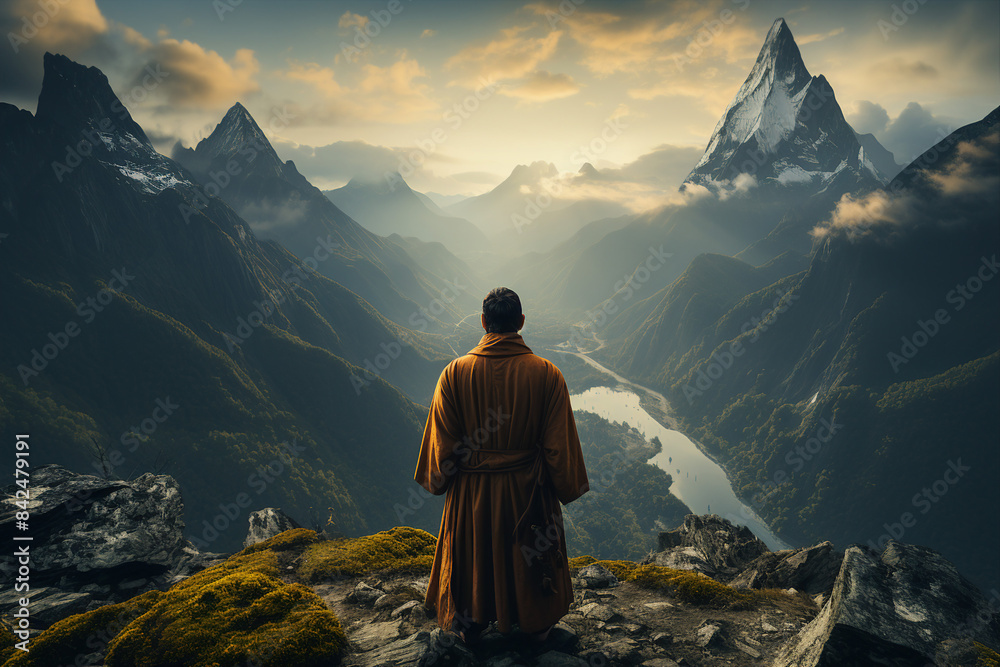 Fototapeta premium Created with generative AI image rear view of person finding inner peace meditating in mountains early morning