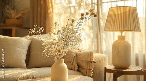 Table adorned: dried flowers in vase, lamp casting warmth