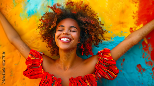Young woman with afro hair smiling with open arms on colorful background