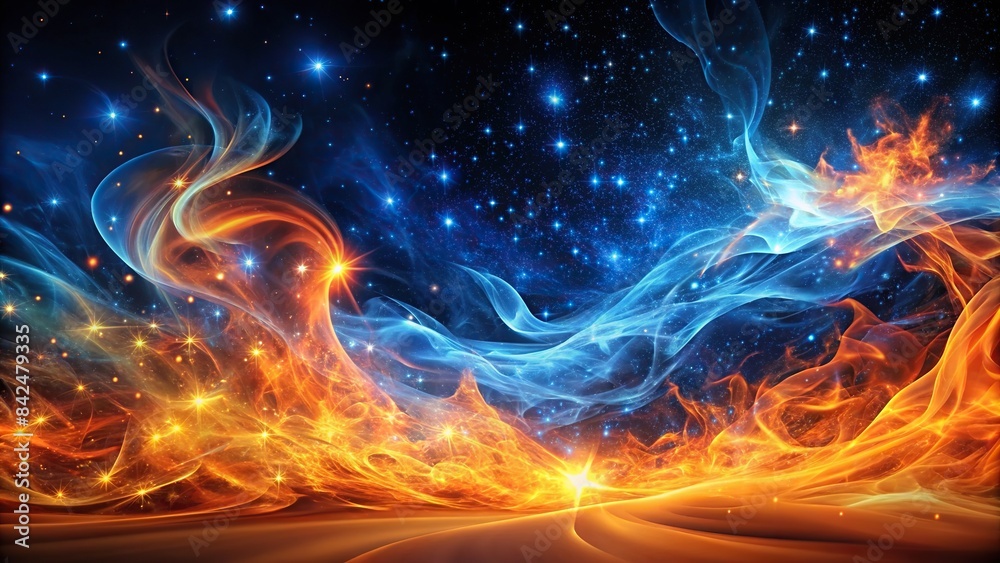 A cosmic dance of vibrant orange and blue flames, swirling and rising against a backdrop of twinkling stars, abstract art, digital art, flames, orange, blue, starry night, space, cosmic