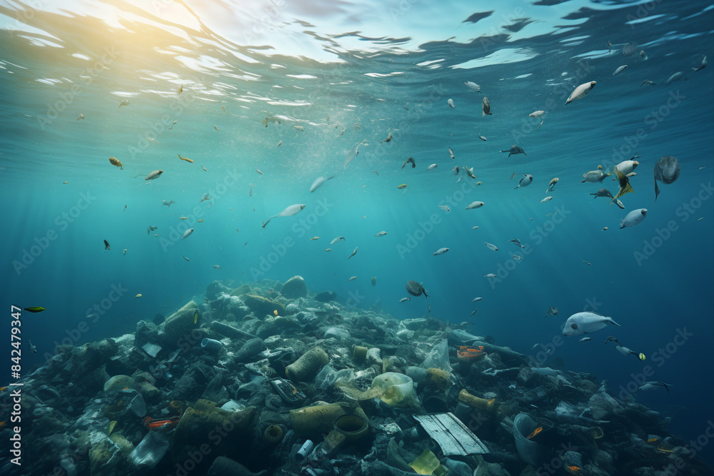 Naklejka premium Created with generative AI image of ecological pollution garbage in the sea