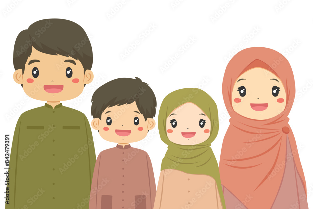 Happy Muslim parents and children smiling. Muslim family portrait half body character cartoon vector. Happy Muslim parents and children smiling. Muslim family portrait half body character cartoon vector.
