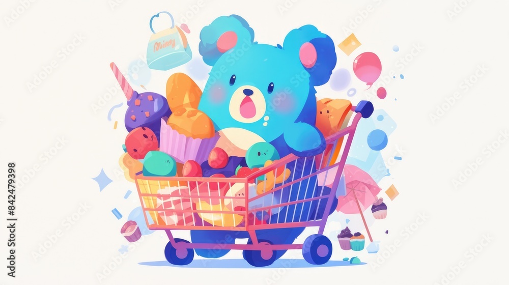 Obraz premium In a modern flat design a cute water blue mascot is seen holding a deliciously colorful cupcake while pushing a market shopping cart against a white background