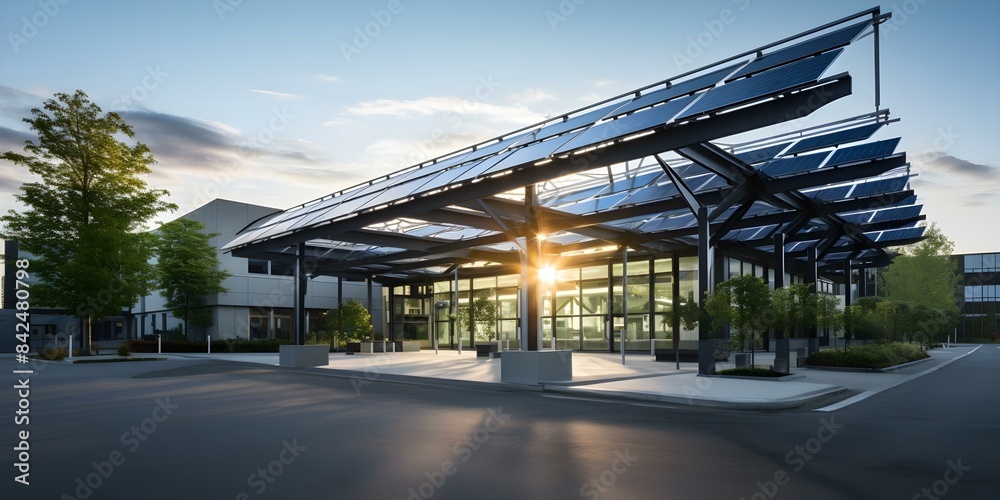 Industrial complex with green buildings and solar panelcovered parking canopies showcase renewable energy. Concept Green Buildings, Renewable Energy, Solar Panels, Parking Canopies Industrial complex with green buildings and solar panelcovered parking canopies showcase renewable energy. Concept Green Buildings, Renewable Energy, Solar Panels, Parking Canopies