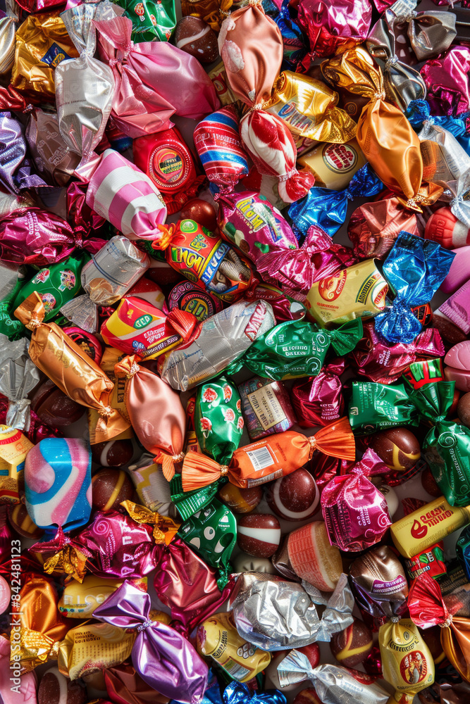 An abundant assortment of wrapped candies, densely arranged to fill the entire frame. The candies come in bright, shiny wrappers with a variety of colors and patterns An abundant assortment of wrapped candies, densely arranged to fill the entire frame. The candies come in bright, shiny wrappers with a variety of colors and patterns