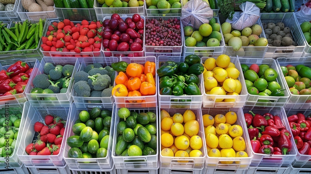 Market scene with rows of plastic containers, filled with a variety of fruits and vegetables, neatly organized by type, showcasing a colorful and fresh display Market scene with rows of plastic containers, filled with a variety of fruits and vegetables, neatly organized by type, showcasing a colorful and fresh display