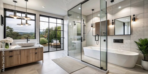 A modern bathroom features a sleek white vanity with black hardware, a spacious walk-in shower with black accents, and a freestanding soaking tub, contemporary bathroom