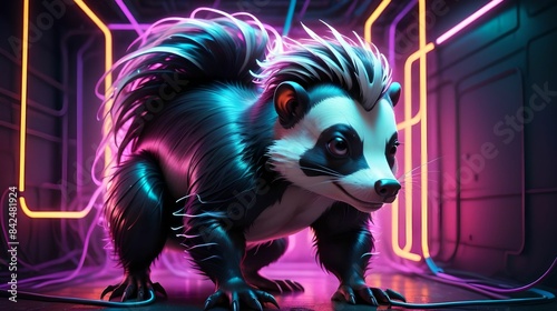Cyberpunk skunk against neon light background