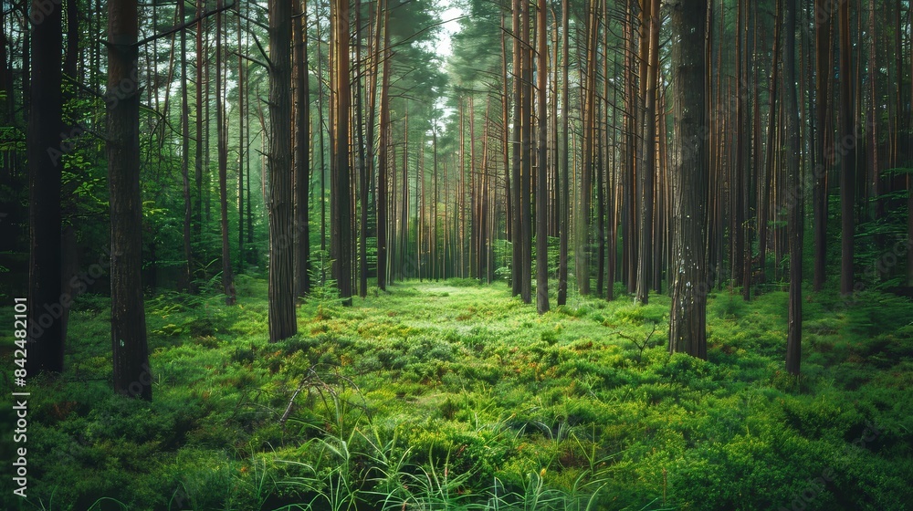 Forest densely packed with adjacent trees, tall grass blades stretching towards the sky, a sanctuary of greenery in raw style Forest densely packed with adjacent trees, tall grass blades stretching towards the sky, a sanctuary of greenery in raw style