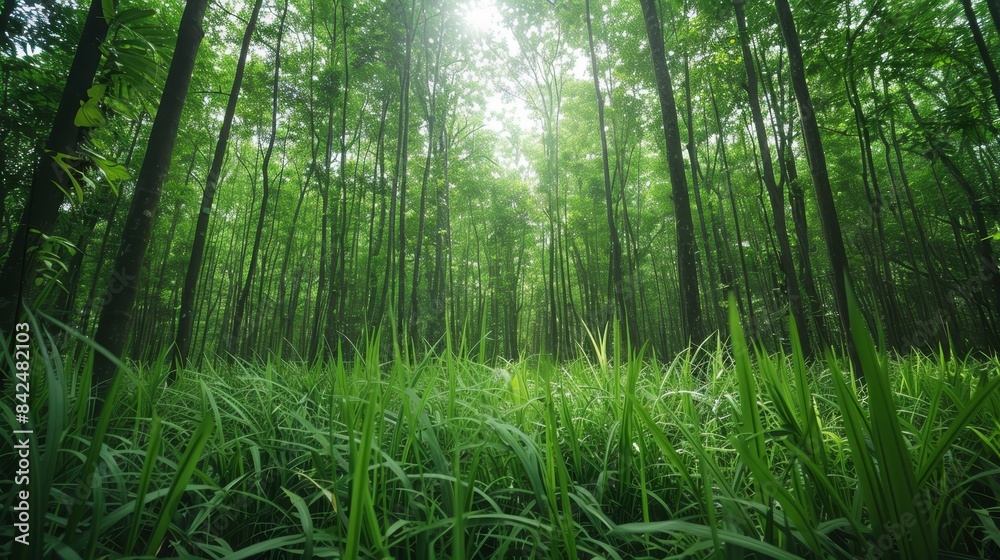 Forest densely packed with adjacent trees, tall grass blades stretching towards the sky, a sanctuary of greenery in raw style Forest densely packed with adjacent trees, tall grass blades stretching towards the sky, a sanctuary of greenery in raw style