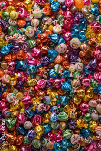 An abundant assortment of wrapped candies  densely arranged to fill the entire frame. The candies come in bright  shiny wrappers with a variety of colors and patterns