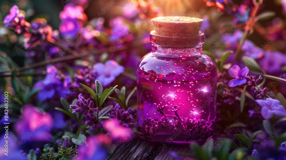 Elegant glass jar containing a glowing purple essence, encircled by vivid purple flowers and bright green foliage, captured in a botanical setting Elegant glass jar containing a glowing purple essence, encircled by vivid purple flowers and bright green foliage, captured in a botanical setting