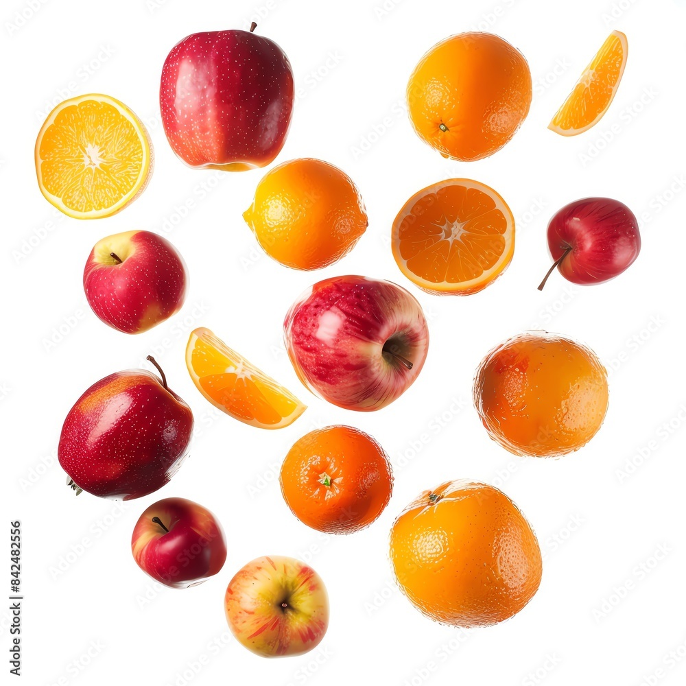 Fresh apples and oranges isolated on white background. Top view of assorted juicy fruits, healthy eating concept. Fresh apples and oranges isolated on white background. Top view of assorted juicy fruits, healthy eating concept.