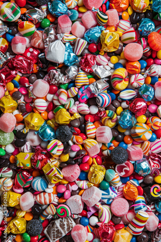 An abundant assortment of wrapped candies, densely arranged to fill the entire frame. The candies come in bright, shiny wrappers with a variety of colors and patterns An abundant assortment of wrapped candies, densely arranged to fill the entire frame. The candies come in bright, shiny wrappers with a variety of colors and patterns