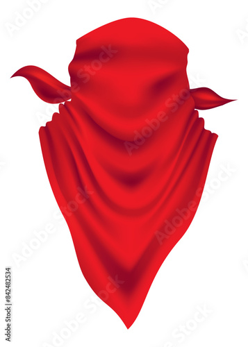 Red realistic bandana on neck. Youth fashion neck scarf or cowboy garment element template. Biker face scarf, bandanna neck shawl. Blank handkerchief unisex uniform. Western clothes
