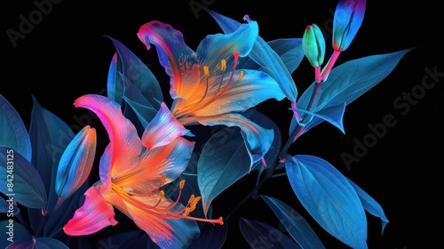 Flowers neon blue and red silhouettes on black background, blooming plants in style of heat map, AI generated image