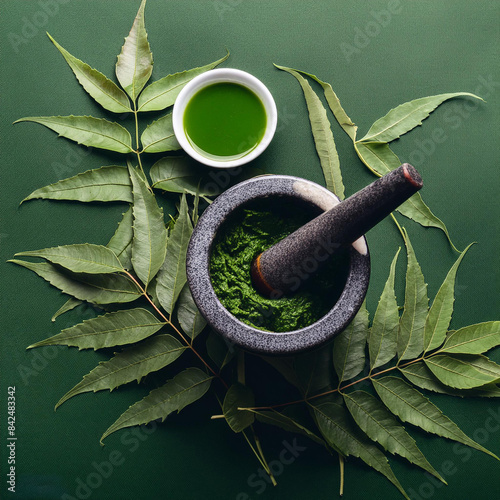 Medicinal Neem leaves in mortar and pestle with neem paste, juice and twigs on green background