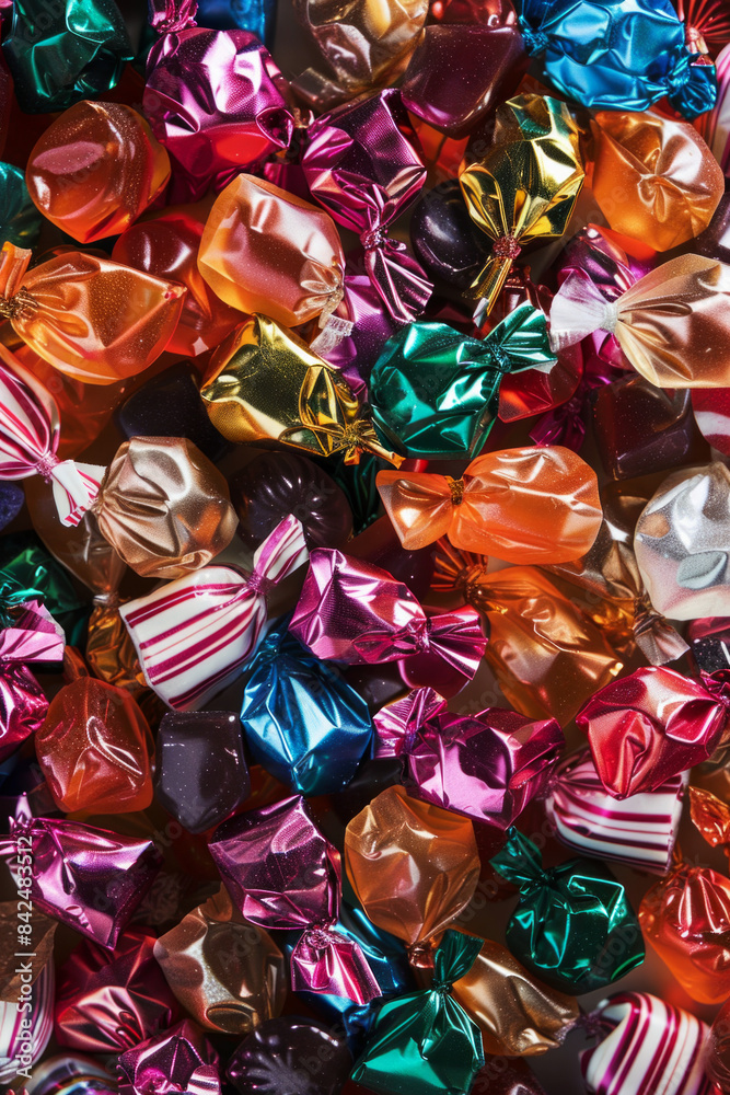 An abundant assortment of wrapped candies, densely arranged to fill the entire frame. The candies come in bright, shiny wrappers with a variety of colors and patterns An abundant assortment of wrapped candies, densely arranged to fill the entire frame. The candies come in bright, shiny wrappers with a variety of colors and patterns