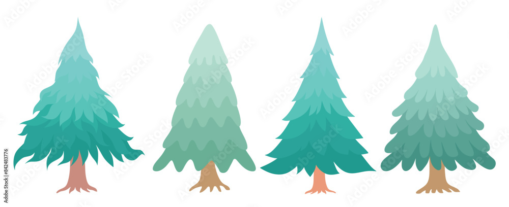 Obraz premium Cute Pine Tree vector set cute cartoon style.