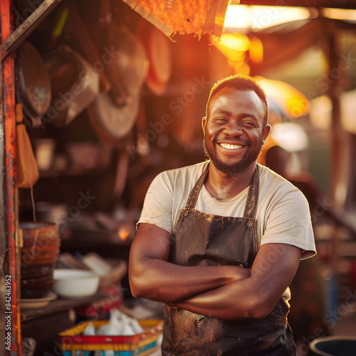 young adult South-African Business owner working infront of their shop happy during sunset 