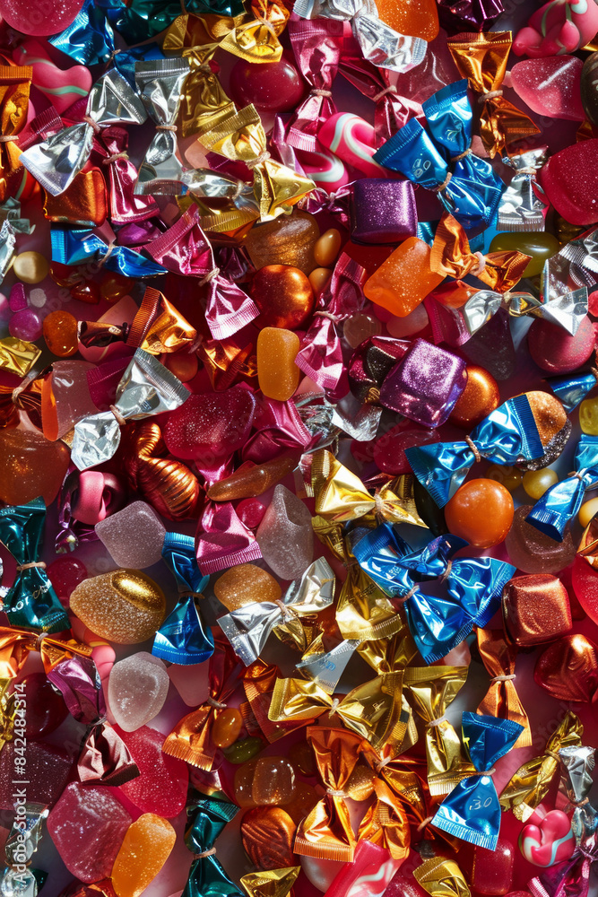 An abundant assortment of wrapped candies, densely arranged to fill the entire frame. The candies come in bright, shiny wrappers with a variety of colors and patterns An abundant assortment of wrapped candies, densely arranged to fill the entire frame. The candies come in bright, shiny wrappers with a variety of colors and patterns