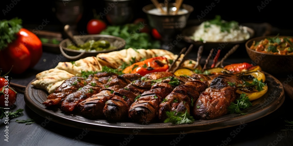 Grilled Arabic Dishes Kebab, Dolma, Mansaf, and Shawarma. Concept Arabic Cuisine, Grilled Dishes, Kebabs, Dolma, Mansaf, Shawarma