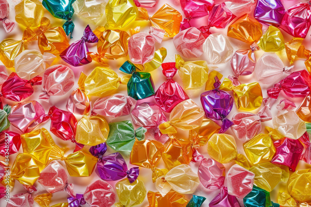 An abundant assortment of wrapped candies, densely arranged to fill the entire frame. The candies come in bright, shiny wrappers with a variety of colors and patterns An abundant assortment of wrapped candies, densely arranged to fill the entire frame. The candies come in bright, shiny wrappers with a variety of colors and patterns