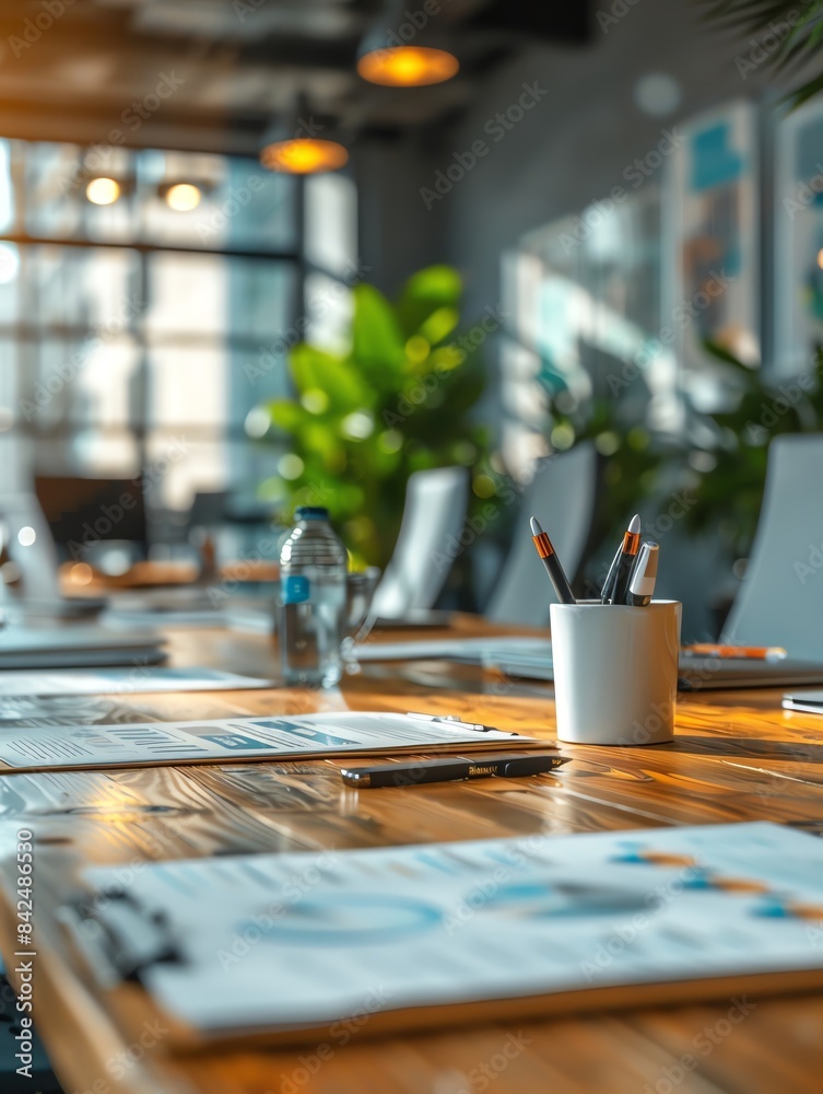 Close-up of a modern office meeting table with documents, pens, and a smartphone, with a blurred background of windows and plants. Close-up of a modern office meeting table with documents, pens, and a smartphone, with a blurred background of windows and plants.