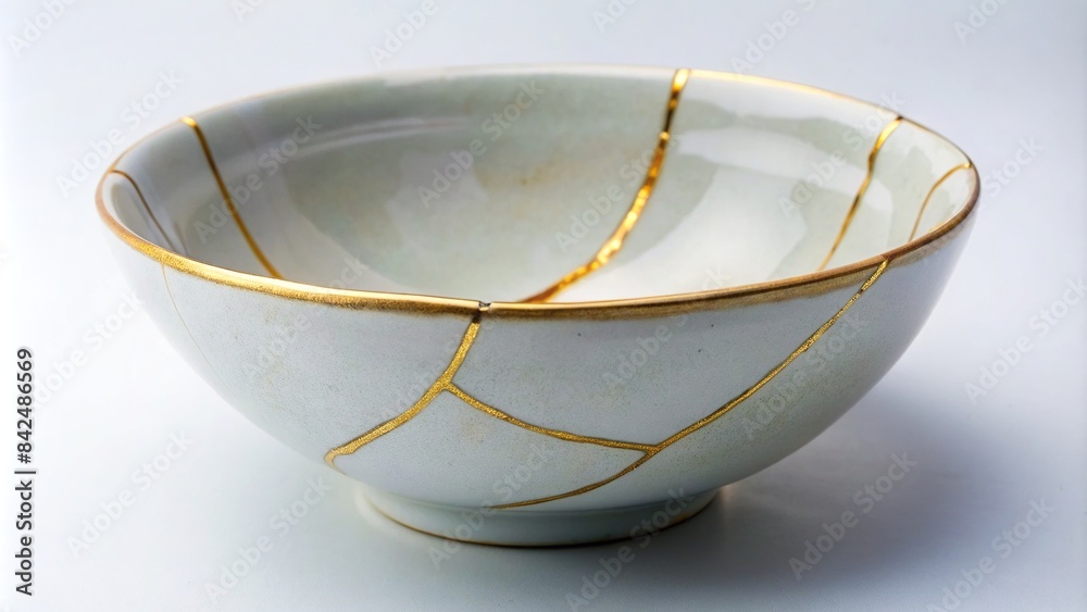Kintsugi repaired ceramic bowl with elegant gold seams , kintsugi