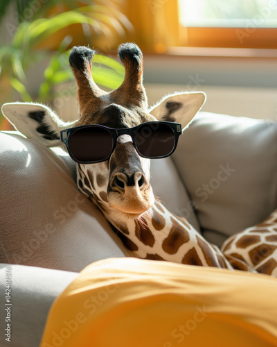 Giraffe wearing sunglasses, lounging on a couch in a brightly lit room with a window in the background. photo