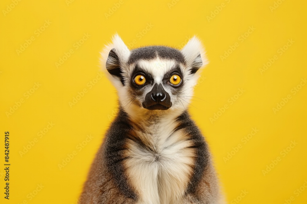 Ring-tailed lemur with bright yellow eyes against a vibrant yellow background. Ring-tailed lemur with bright yellow eyes against a vibrant yellow background.