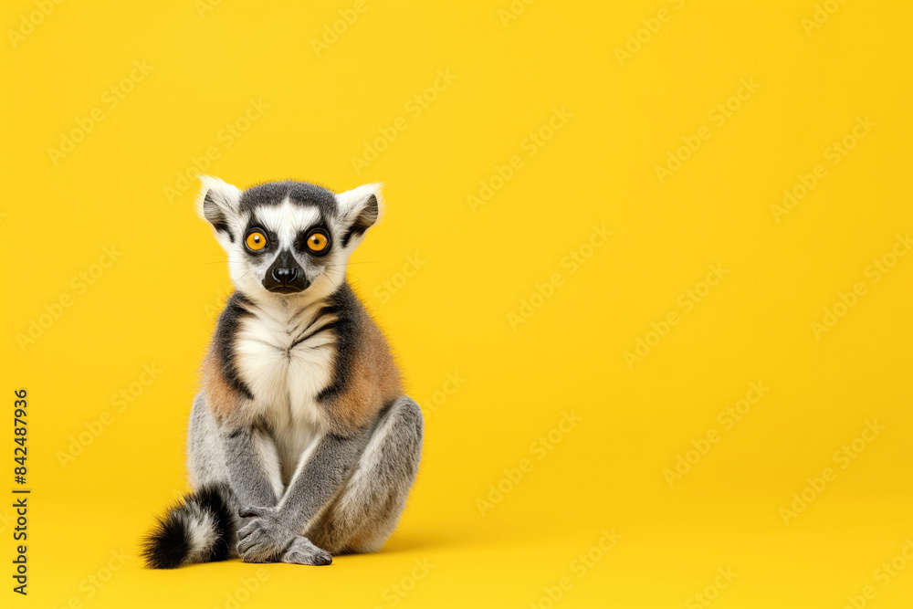 Full body view of ring-tailed lemur sitting against a yellow background. Full body view of ring-tailed lemur sitting against a yellow background.