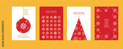 Merry Christmas and Happy New Year Set of greeting cards, posters, holiday covers. Xmas Design with beautiful snowflakes in modern line art style on red background. Christmas tree, border frame, decor photo