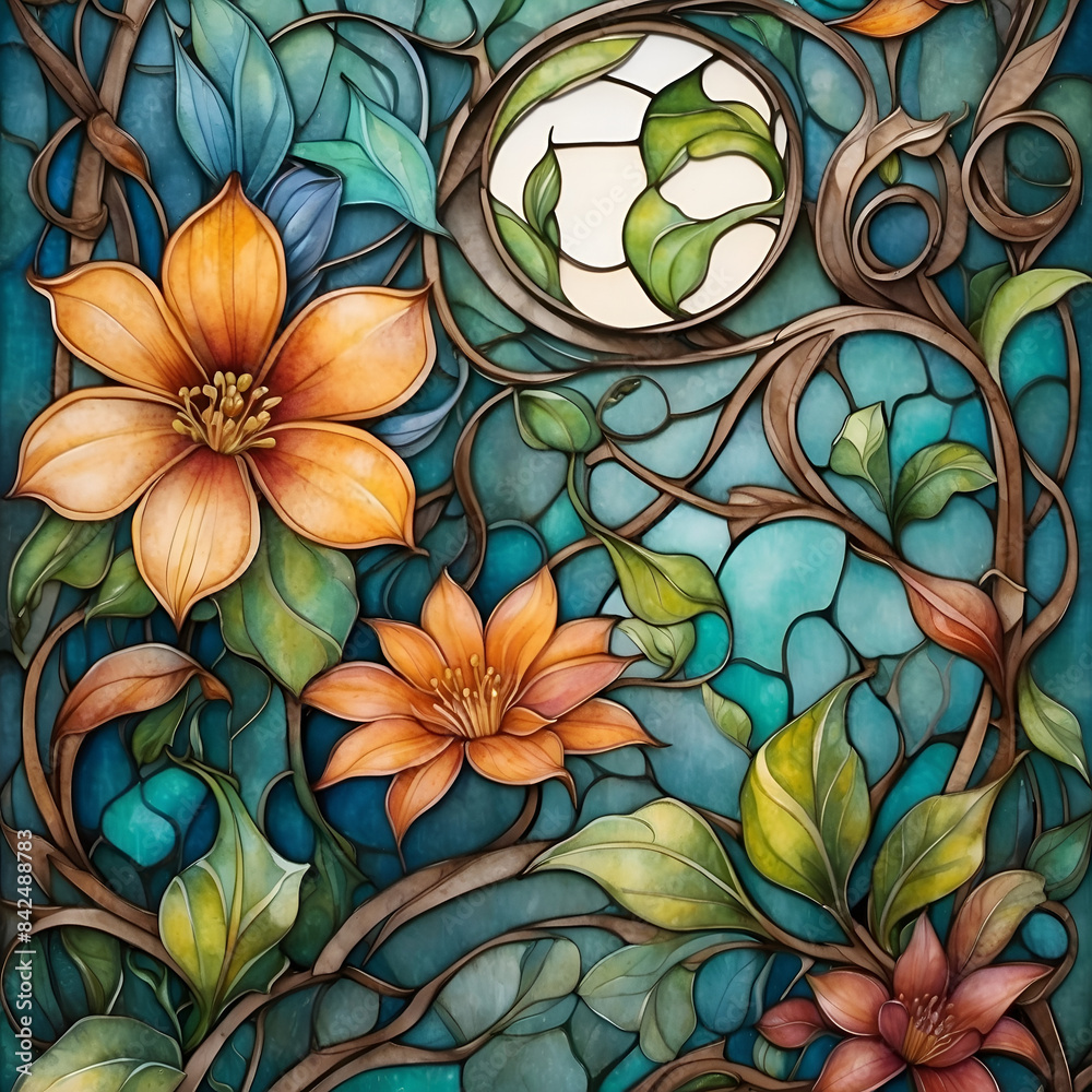 Colorful flowers and leaves, pattern with flowers in art deco style. Modern trendy print. Art nouveau style. Illustration in the stained glass style with a floral arrangement. Colorful flowers and leaves, pattern with flowers in art deco style. Modern trendy print. Art nouveau style. Illustration in the stained glass style with a floral arrangement.