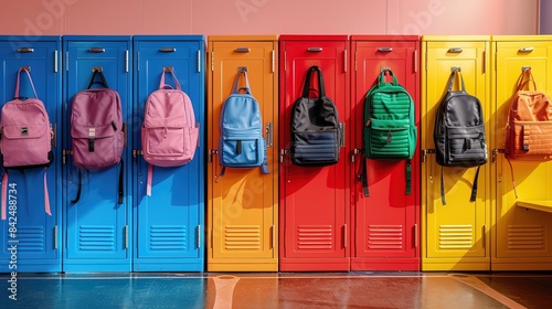 School lockers with items, equipments and accessoires for education. Back to school photo