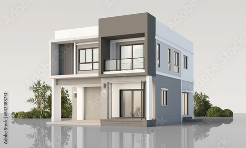 Architecture 3d rendering illustration of modern minimal house on white background