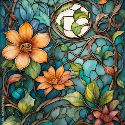 Colorful flowers and leaves  pattern with flowers in art deco style. Modern trendy print. Art nouveau style. Illustration in the stained glass style with a floral arrangement.