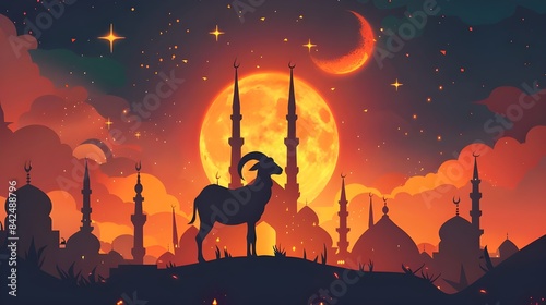 Idea for an Eid al-Adha poster featuring a goat and a mosque in the background to symbolize the Islamic sacrificial customs and celebration. It might be utilized for instructive or promotional events. photo