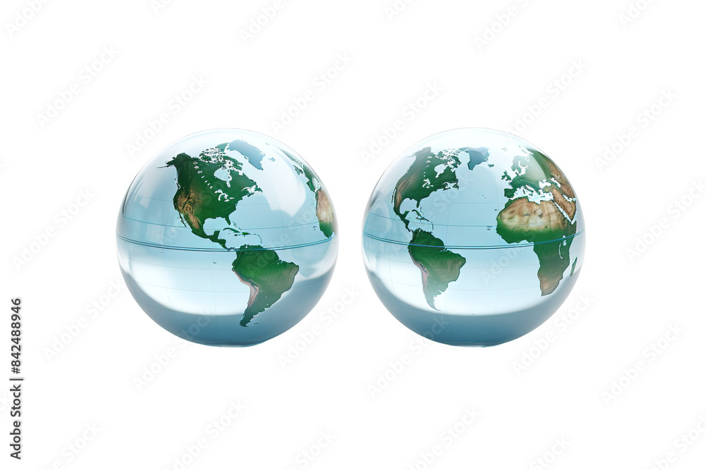 Fototapeta premium Enigmatic Twin Glass Globes Illuminated by White Light on White or PNG Transparent Background.