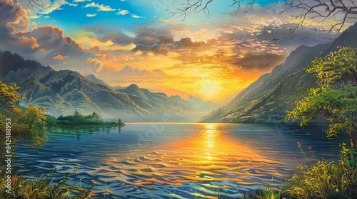 Sunset over a tranquil mountain lake