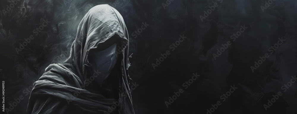 Long shot, shadowy figure in a hooded cloak, gripping a stark white facial mask, Halloween theme, pitch-black background, haunting atmosphere, oil painting style Long shot, shadowy figure in a hooded cloak, gripping a stark white facial mask, Halloween theme, pitch-black background, haunting atmosphere, oil painting style