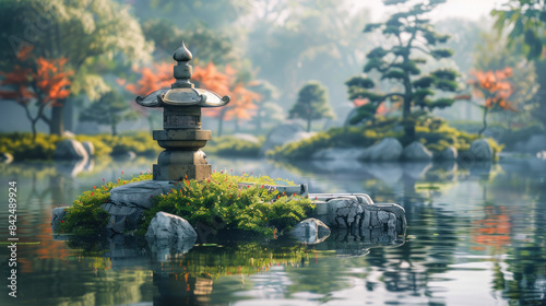 A stone lantern decorates the small island of a Japanese garden photo