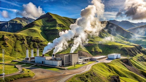 Geothermal energy plant situated on a steep mountain slope , geothermal, energy, plant, terrain, mountain, steep, renewable, power, eco-friendly, sustainable, technology, facility, green