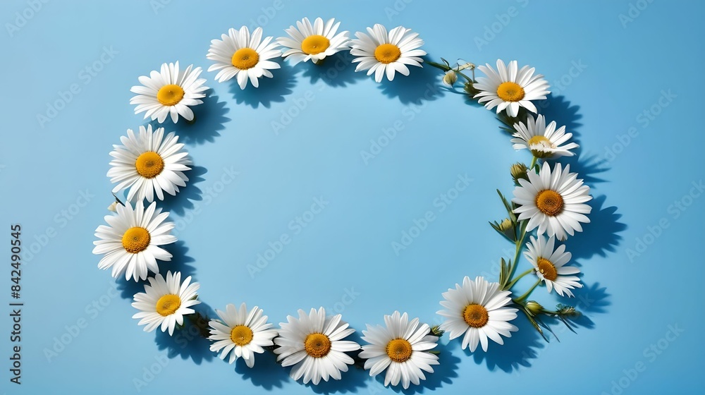 Chamomiles on a blue background, top view, empty space place for text. banner Chamomiles on a blue background, top view, empty space place for text. banner